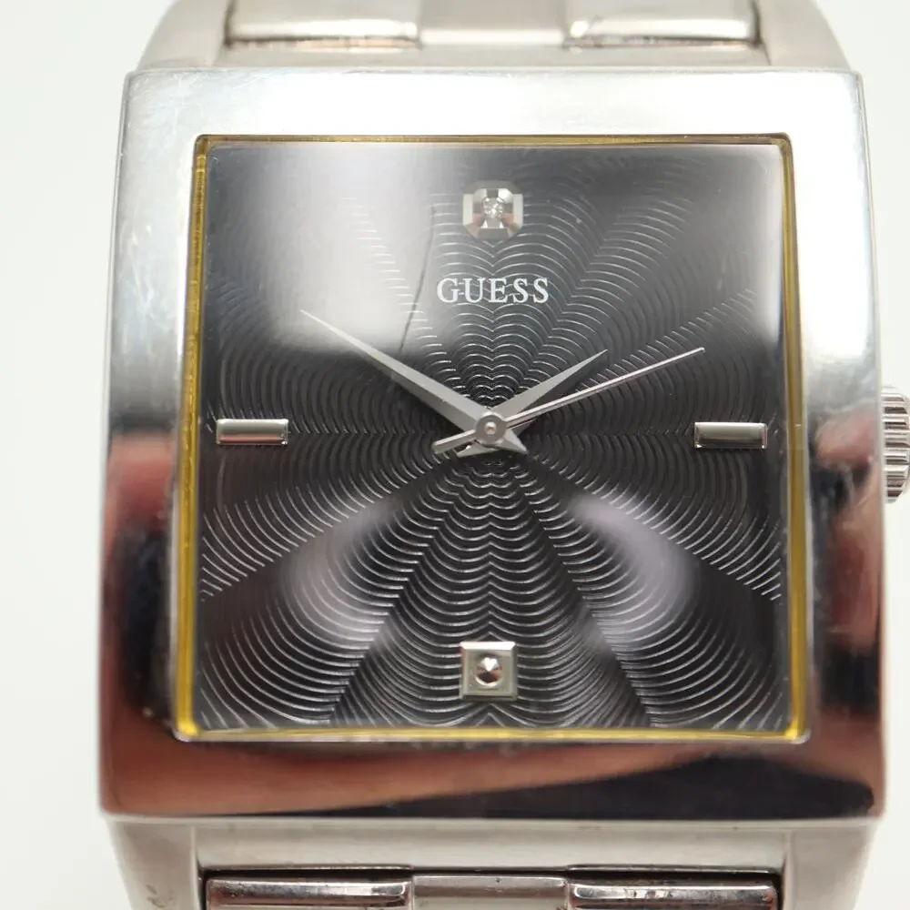 Guess Mens Jumbo Square Black 38mm Diamond Watch Stainless Steel w New Battery